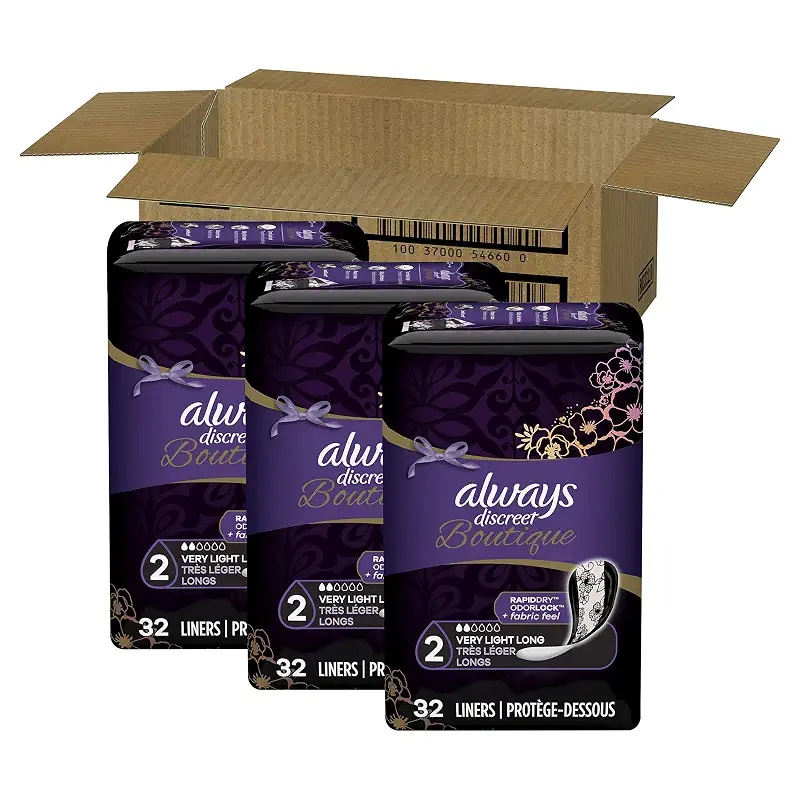 Always Discreet Boutique, Incontinence & Postpartum Liners For Women, Size 2, Very Light Absorbency, Long Length, 32 Count X 3 Packs (96 Count Total) 32 Count (Pack of 3)