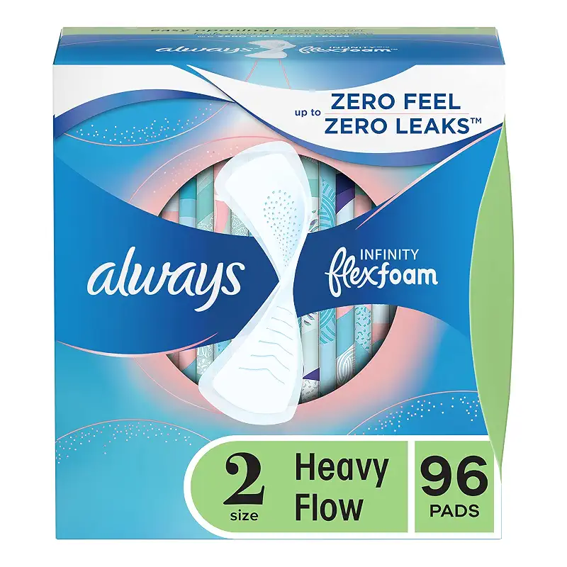Always Infinity Feminine Pads for Women, Size 2 Heavy Flow Absorbency,Multipack, with Flexfoam, with Wings, Unscented, 32 Count X 3 Packs (96 Count Total) 32 Count (Pack of 3)