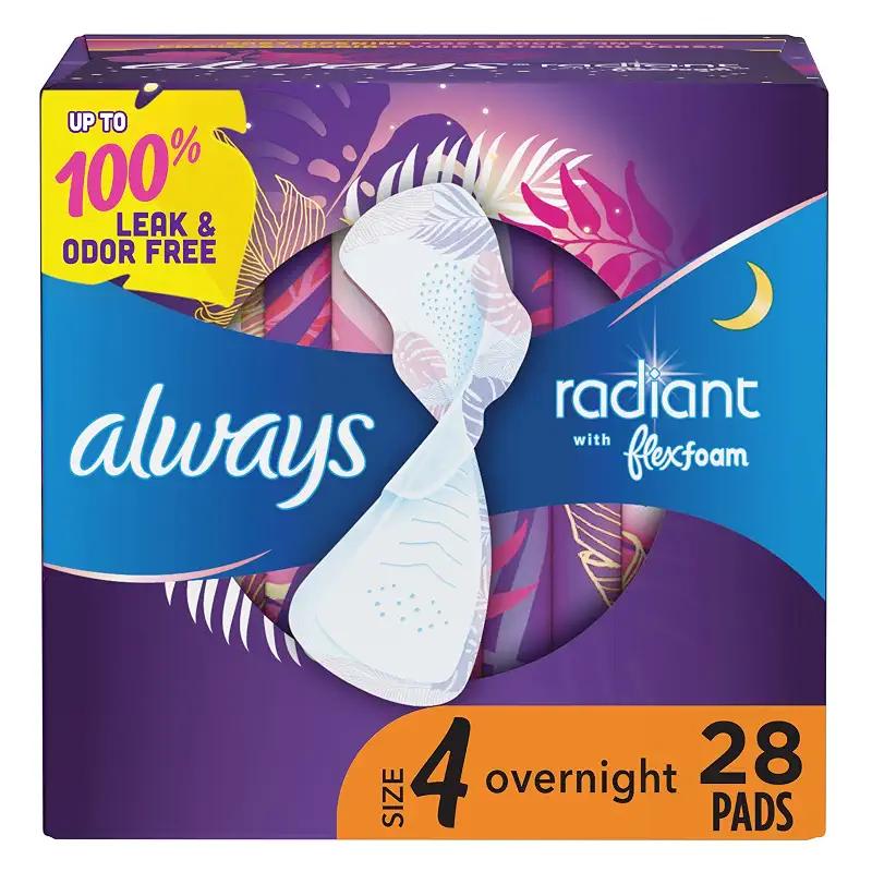 Always Radiant FlexFoam Pads for Women Size 4 Overnight Absorbency 100% Leak & Odor Free Protection is possible with Wings Scented 28 count 28 Count (Pack of 1)