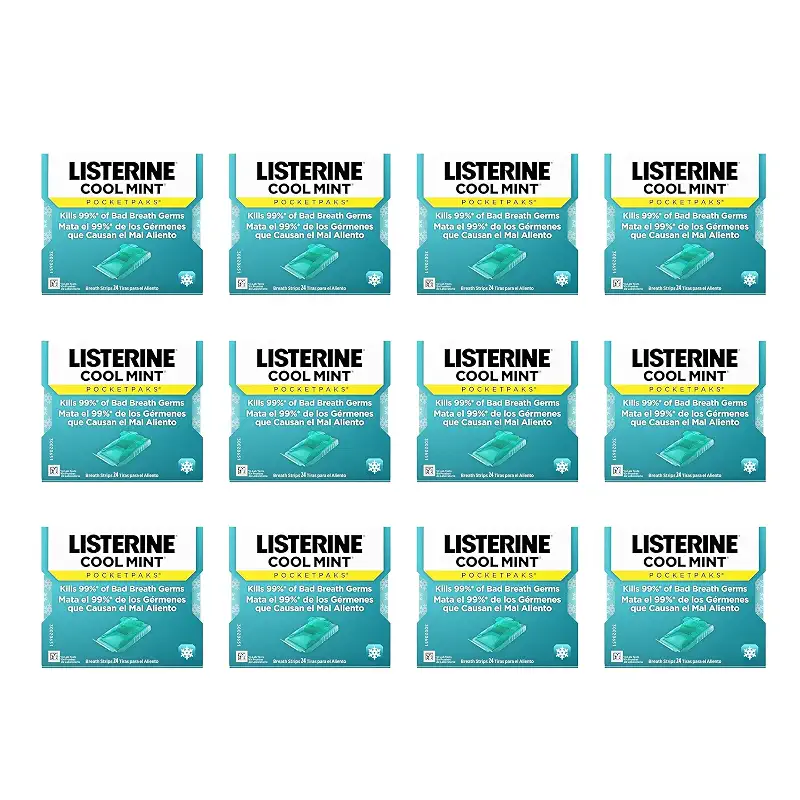 Listerine Cool Mint Pocketpaks Breath Strips Oral Dissolving Breath Freshener Strips Kill 99% of Germs That Cause Bad Breath Portable for On-The-Go Refreshing Mint Flavor 24-Strip Pack (12 Pack) 24 count (Pack of 12)