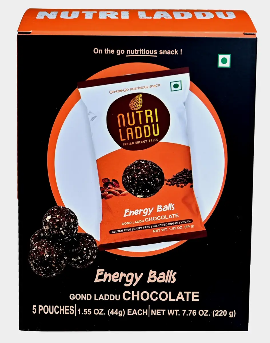Nutri Laddu Indian Energy Balls Keto Friendly On-The-Go Single Serve Snack (Box of 5 Pouches) Each Pouch Has 2 Balls (Chocolate)
