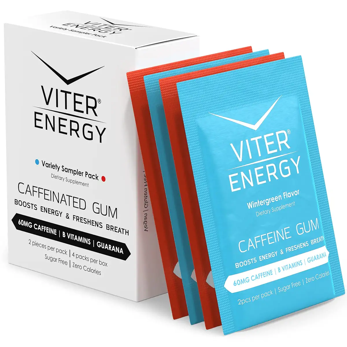 Viter Energy Caffeinated Gum - 2 Flavor Variety Sampler. 60mg Caffeine, B Vitamins, Guarana, Sugar Free Vegan Chewing Gum. Zero Calories. Performance Nootropic Chews for Powerful Focused Energy Boost Variety 2 Count (Pack of 4)