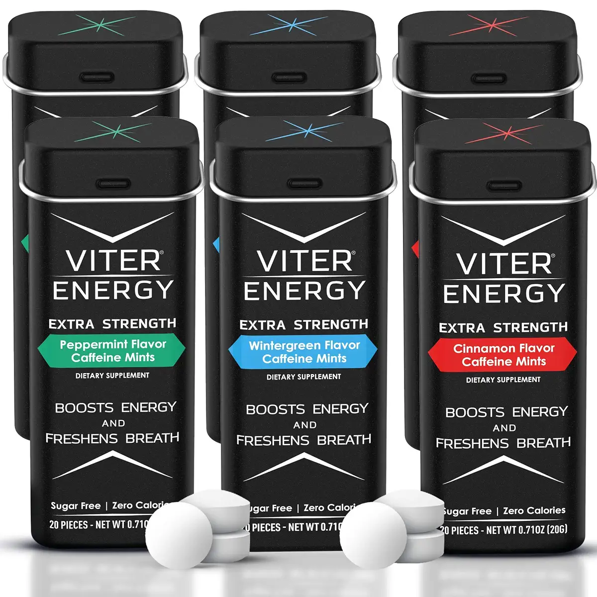 Viter Energy Extra Strength Caffeinated Mints - 80mg Caffeine, B Vitamins, Sugar Free Vegan Breath Mint. Powerful Energizing Boost. 1 Mint Replaces 1 Coffee, Gum, Chews Gummies (Variety Flavor 6 Pack)
